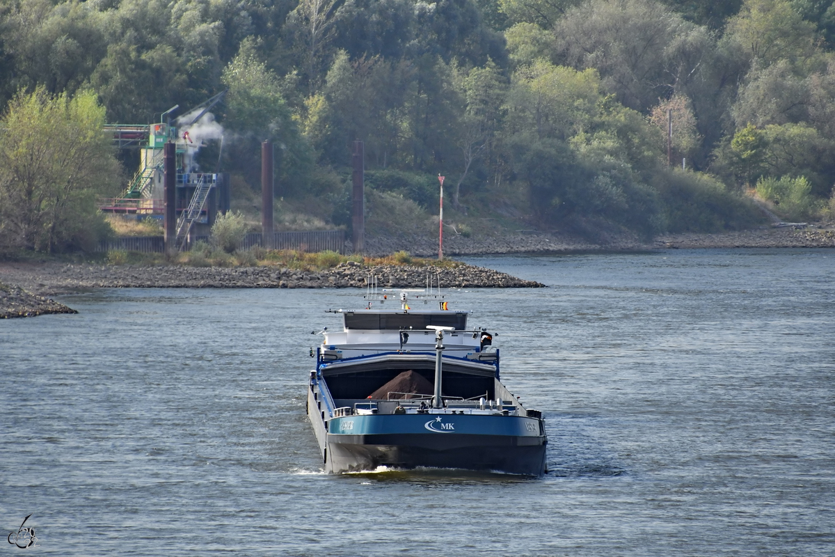 Im Bild das Gütermotorschiff VESPER (ENI: 06003944), welches Ende August 2022 den Rhein hinab fuhr. (Duisburg)