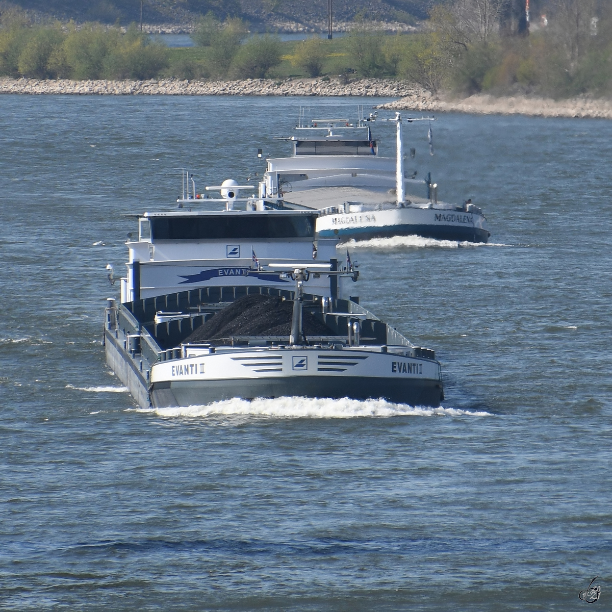 Im Bild der Koppelverband EVANTI (ENI: 0237712), gefolgt vom Gütermotorschiff MAGDALENA (ENI: 04017040). (Duisburg, April 2021)