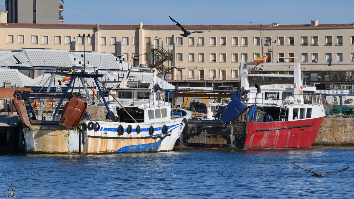 Im Bild zwei Fischereischiffe, unter anderem die MAR VELLA (3BA-2-3-93, MMSI: 224235270). (Barcelona, November 2022)