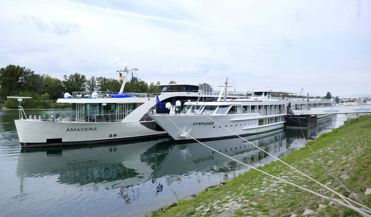 KFGS  Symphonie  und  Amasenia  am Anleger in Breisach am Rhein, Bugansicht, Aug.2022