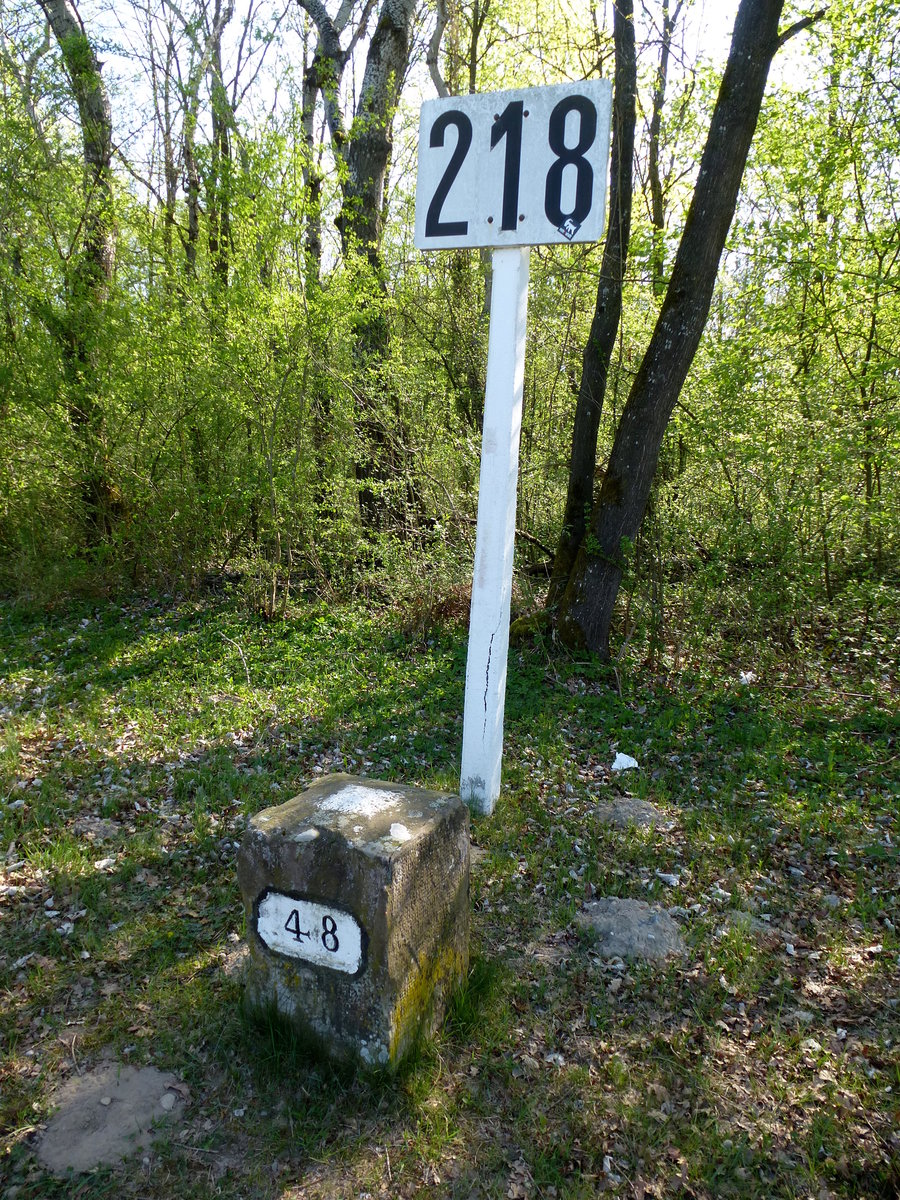 Kilometrierung am Rhein, beginnend ab Konstanz, hier die Kilometerzahl 218 sdlich von Breisach, diese heute verwendete Kilometrierung gibt es seit 1939, der Kilometerstein davor gehrt zu einer veralteten Einteilung, April 2017