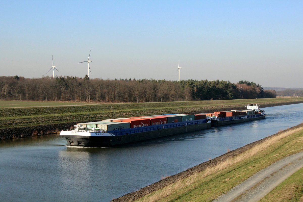 Koppelverband GSL Segundo (02328003 , 85 x 9,5m) & SGMS BCF Amazone (04700050 , 100 x 9,5m) am 26.02.2019 im Elbe-Seitenkanal auf Bergfahrt zw. Artlenburg und dem Schiffshebewerk Scharnebeck.