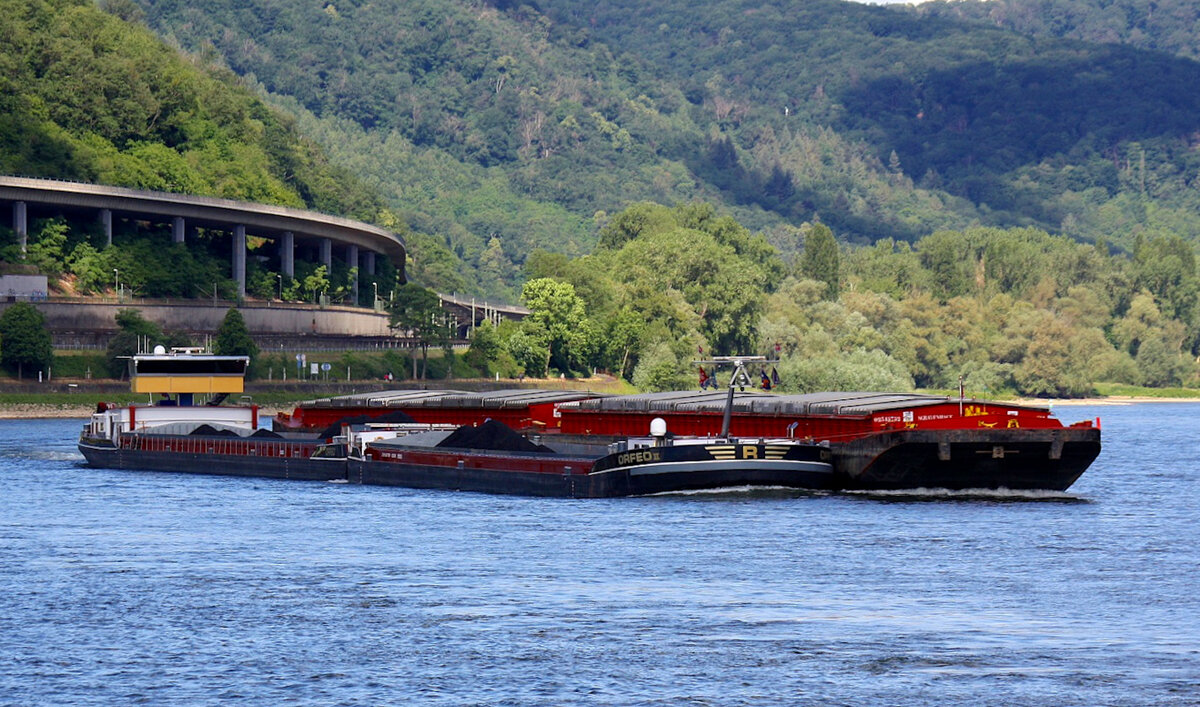 Koppelverband ORFEO (ENI:02336599) L.107 m B.11,45 m T 3052 & ORFEO II (ENI:02335035) L.76 m B.11,45 m  Flagge Niederlande auf dem Mittelrhein mit 2 Leichter zu Berg am 06.06.2022 in Andernach.