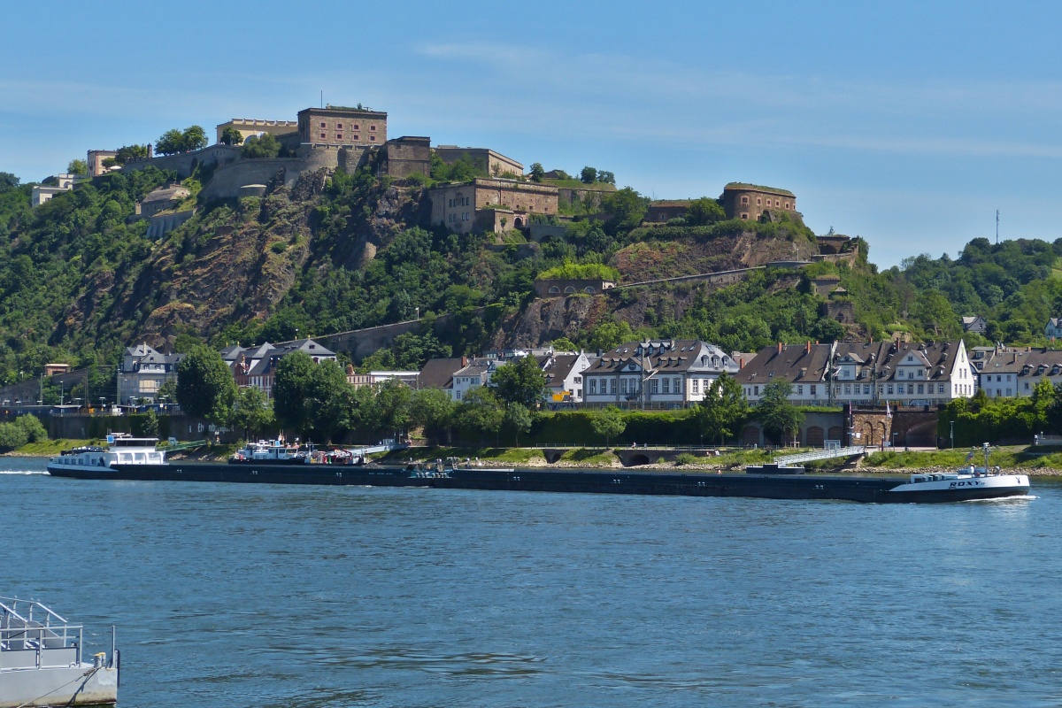 Koppelverband Rocky, zu Berg auf dem Rhein unter der Burg Ehrenbreitstein bei Koblenz. 06.2022