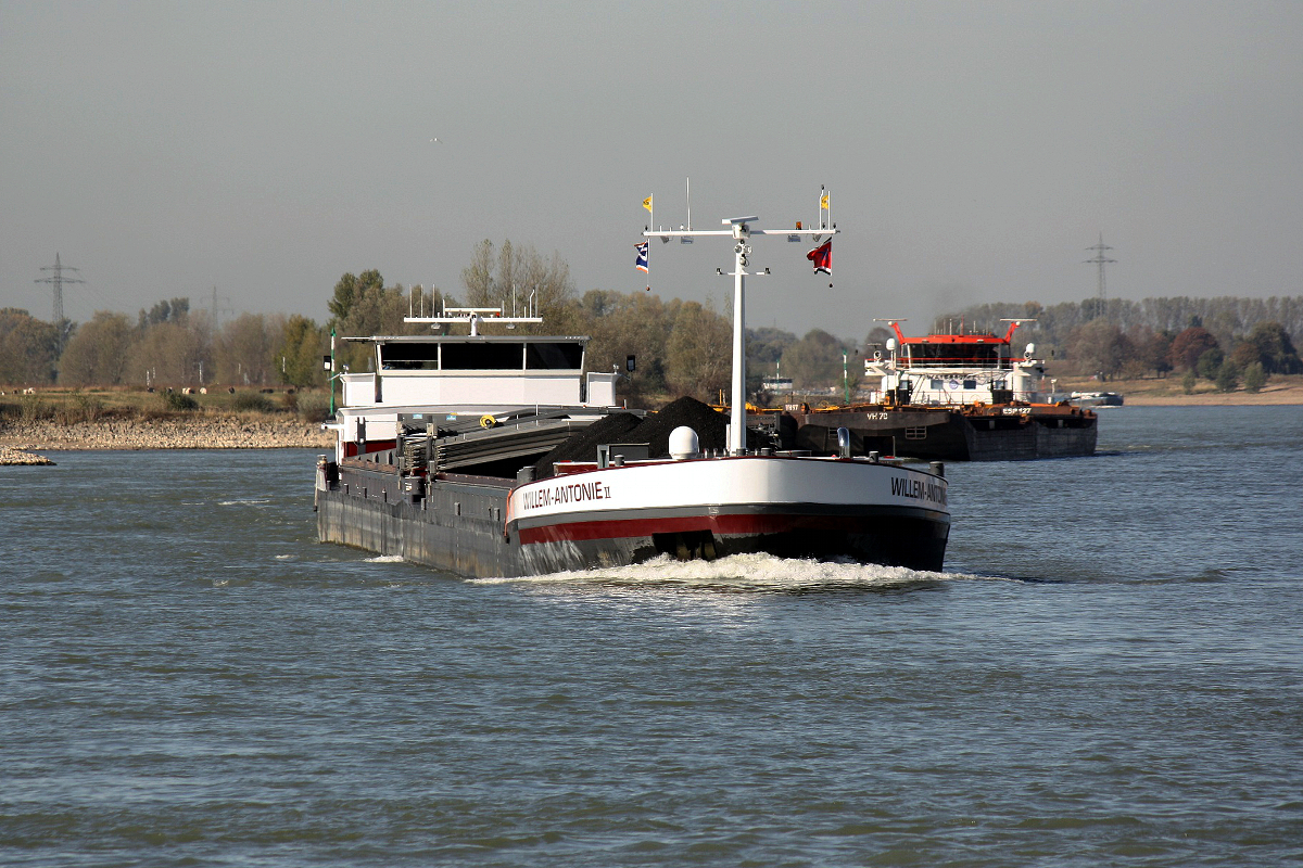 Koppelverband Willem-Antonie (ENI:023311120) L.95m B.11,45m T.2649 TEU:176 & Willem-Antonie II L.90m B.11,45m T.3037 TEU:192 am 05.10.2018 zu Berg bei Xanten.