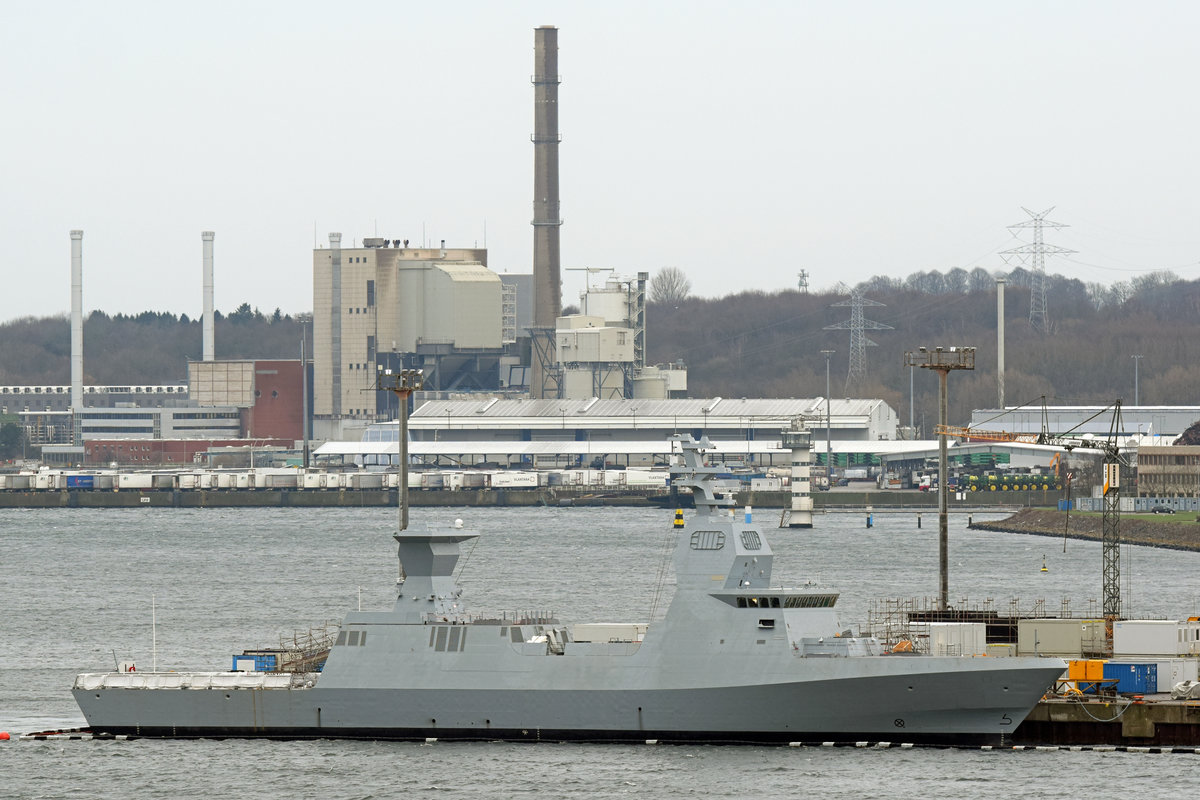 Kriegsschiff-Neubau am 09.02.2020 in Kiel. Vermutlich für Israel bestimmt.