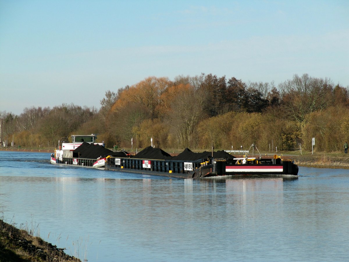 KVB GSL Hannover 2 (04030060 , 82 x 9m) & SGMS Niedersachsen 2 (04003680 , 80 x 9m) am 27.02.2019 im Elbe-Seitenkanal hinter Bad Bodenteich auf Bergfahrt.