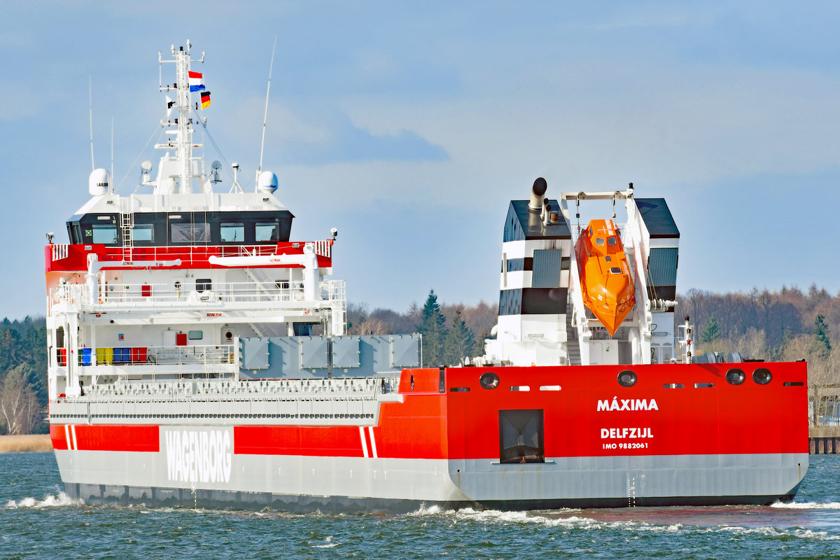 MÁXIMA (IMO 9882061) am 07.03.2021 auf der Trave in Richtung Nordlandkai / Vorwerker Hafen fahrend. Der Stapellauf des Schiffes war im Februar 2021. Am 7.3.2021 Erstanlauf in Lübeck. Länge des Schiffes: 149,95 Meter