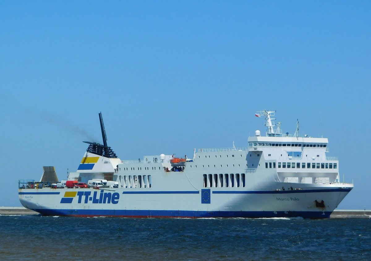 MARCO POLO, TT-Line, IMO 9019080, einlaufend Swinemünde am 14.06.20. Normalerweise fährt sie die Klaipeda-Trelleborg-Route, daher war ihr Besuch in Swinemünde überraschend.