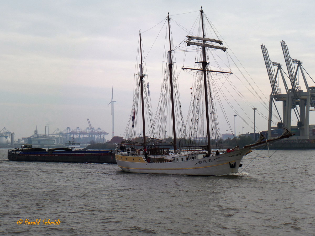 MARE FRISIUM (IMO 5344592) am 13.11.2016, Hamburg auslaufend, Elbe Höhe Övelgönne /
3-Mastmarstoppsegelschoner / BRZ 210 / Lüa 49,5 m, B 6,7 m, Tg 3,3 m / Segelfläche: 634 m², 9 kn / 1 Diesel, Scania, 264 kW, 359 PS, 7 kn  / 90 Tagesgäste, 36 Pass., 12 Kabinen / Eigner: Tall Ship Company,  Flagge: Niederlande, Heimathafen: Harlingen / gebaut 1916 als Logger, 
