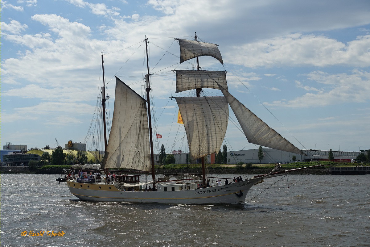 MARE FRISIUM (IMO 5344592) am 14.6.2019, vor dem Wind segelnd, Hamburg auslaufend, Elbe Höhe Landungsbrücken /
3-Mastmarstoppsegelschoner / BRZ 210 / Lüa 49,5 m, B 6,7 m, Tg 3,3 m / Segelfläche: 634 m², 9 kn / 1 Diesel, Scania, 264 kW, 359 PS, 7 kn  / 90 Tagesgäste, 36 Pass., 12 Kabinen / Eigner: Tall Ship Company,  Flagge: Niederlande, Heimathafen: Harlingen / gebaut 1916 als Logger, 
