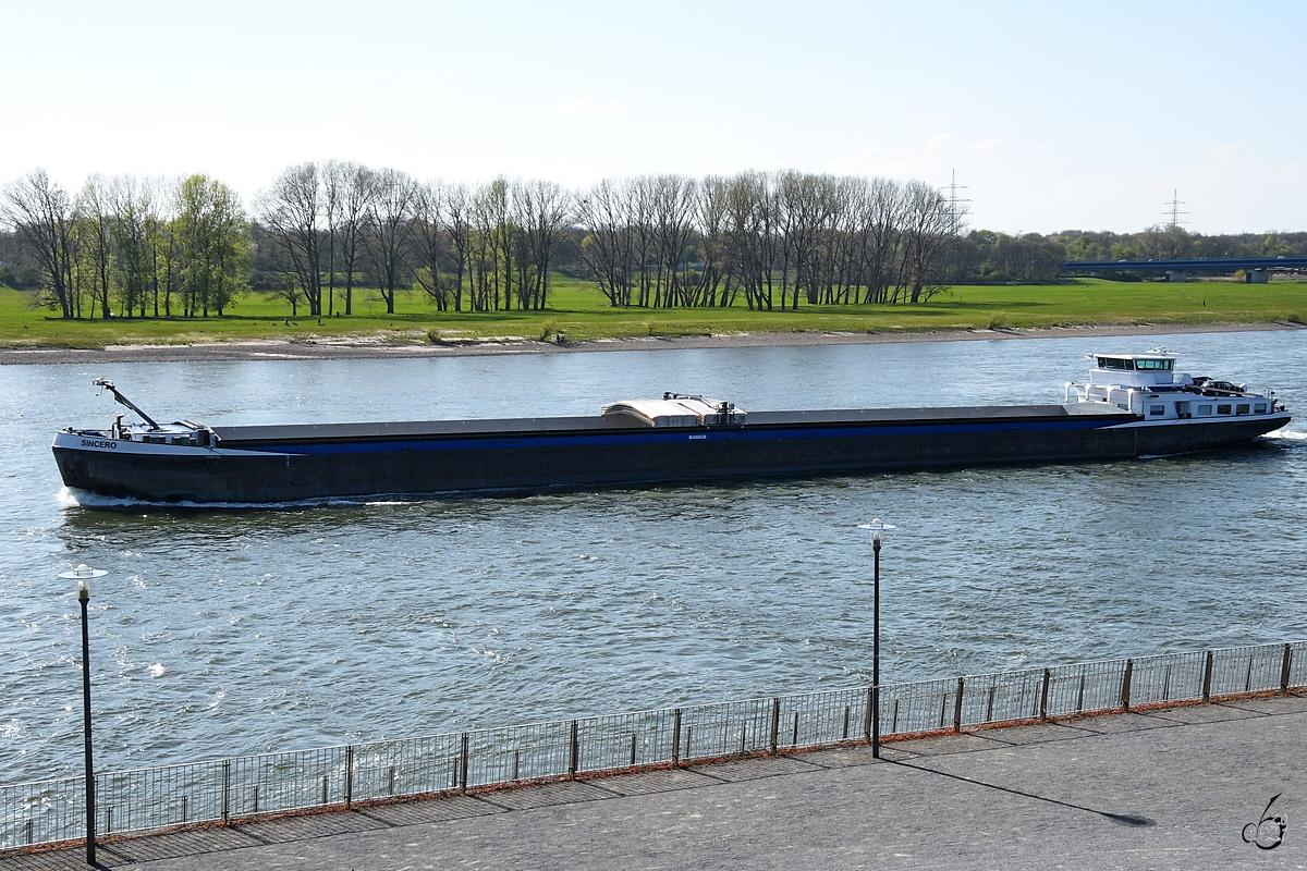Mitte April 2021 war auf dem Rhein bei Duisburg das Gütermotorschiff SINCERO (ENI: 02315216) zu sehen.