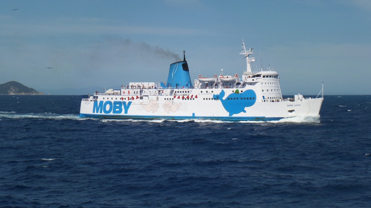 MOBY LOVE  (IMO 7207451) am 16.5.2014 von Portoferraio (Elba) kommend nach Piombino MOBY  /
ex: Moby Love 2 (1998-2002), King Orry (1990-1998), Channel Entente (1989-1990), Saint Eloi (1975-1989) /
RoPax-Fähre / BRZ 7.657 / Lüa 114,59 m, B 18,62 m, Tg 4,11 m / 2 Pielstick-Diesel, ges. 10.740 kW, 14.607 PS, 21,8 kn / 1100 Fahrgäste, 220 Fahrzeuge / 1975 bei Cantieri Navali di Pietra Ligure, Pietra Ligure, Italien.  / Flagge: Italien, Heimathafen: Neapel /
