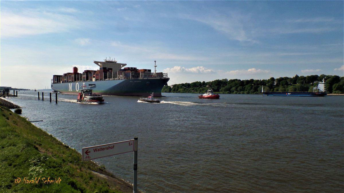 MOL TRIUMPH (IMO 9769271) am 15.5.2018, Hamburg einlaufend, Elbe Höhe Finkenwerder /