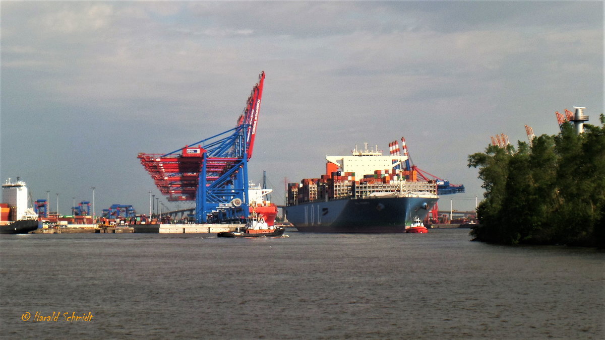 MOL TRIUMPH (IMO 9769271) am 15.5.2018, Hamburg einlaufend, Elbe , beim Verholen an den Liegeplatz am Burchardkai im Waltershofer Hafen /