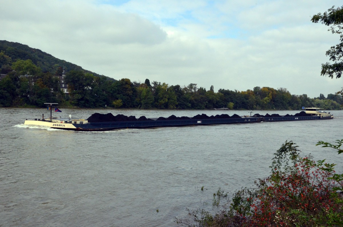 MS JOSHUA + Lany,  ein Binnenfrachter-Schubverband.  JOSHUA: L 86m, B 11,40m, T 2447, Lany: L 86m, B 11,40m, T 2135,  hier mit Kohle beladen am Rolandseck auf dem Rhein am 22.09.2013 gesehen. Heimathafen Doetinchem.