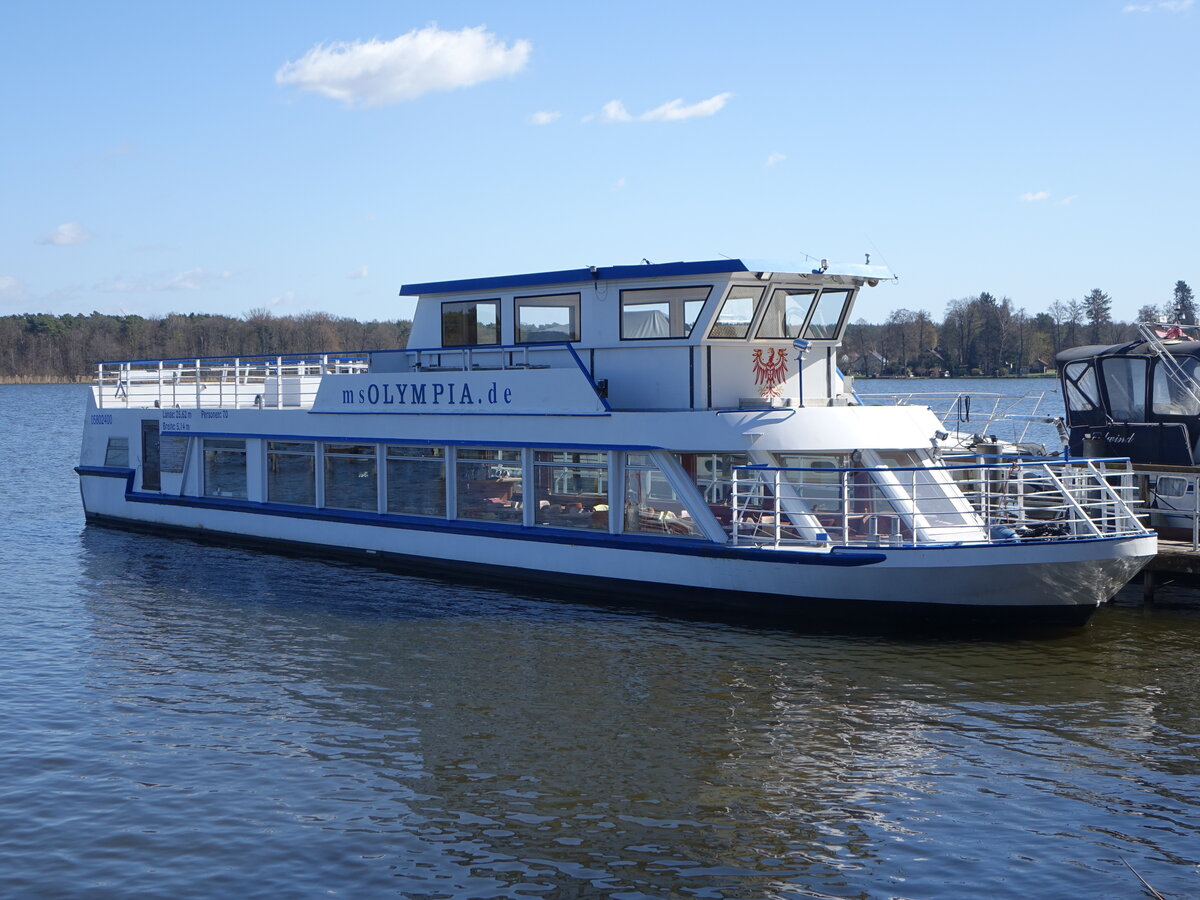 MS OLYMPIA, Flussschiff, gebaut 1983 in Tangerm�nde, L�nge 26 Meter, Volvo Penta Motor 145 PS, Zeuthener See (07.04.2026)