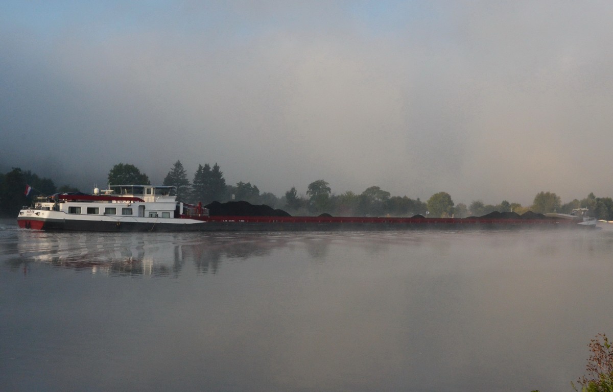 MS SARON, ein Binnenfrachter, Heimathafen Rhoon, auf der Mosel im morgendlichen Nebel (die Mosel kocht) beobachtet am 01.10.2013 bei Mehring. 