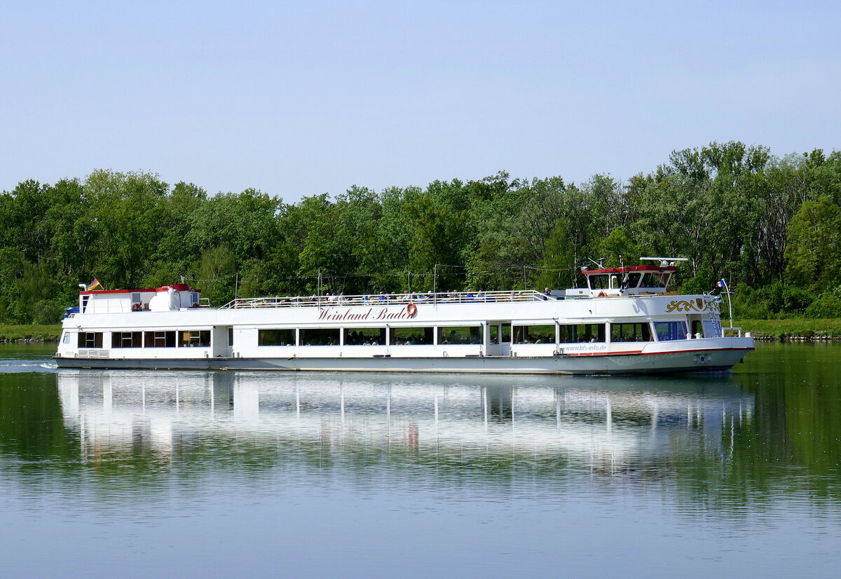 MS Weinland Baden, auf einer Ausflugsfahrt rheinabwärts nördlich von Breisach am Rhein, April 2024