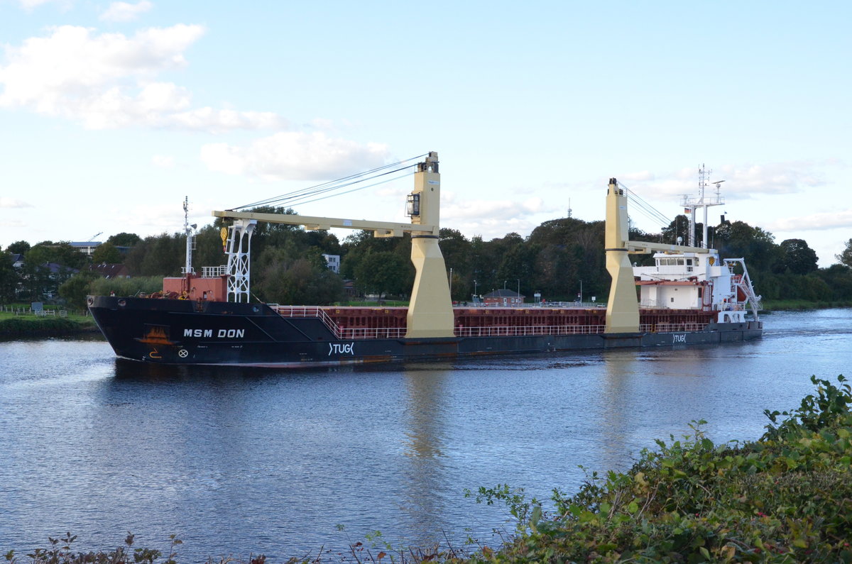 MSM DON, Stückgut- und Mehrzweckfrachter, IMO 9518971, Baujahr 2011, Länge 105 m, Breite 15 m, Geschwindigkeit Avg/Max 8,4 kn / 15,3 kn, Heimathafen Limassol. Auf dem NOK bei Schachtaudorf  am 08.10.17 Richtung Brunsbüttel.