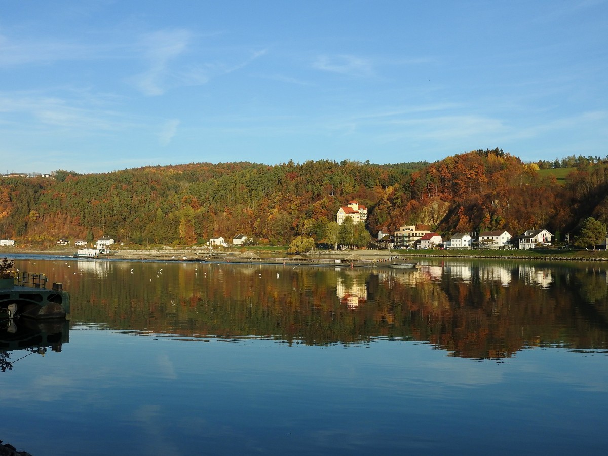 MUSTANG(EUR-Nr.33000929; L=23; B=9mtr.; 2x800PS; Bj.1979) durchschneidet mit seinen beiden Leichtern das Spiegelbild auf der Donau im Bereich Aschach÷Landshaag; 151108