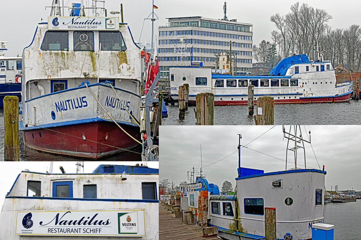 NAUTILUS am 15.4.2018 im Hafen von Lübeck-Travemünde. Möglicherweise steht das  Ende  dieses Schiffes bevor; das  Abwracken  droht. Schade wäre es um die NAUTILUS, die ein Stück  Zeitgeschichte  ist und ein beliebtes Restaurant-Schiff war. Im Hafen lief es zweimal wegen Wassereinbruch auf Grund und wurde gehoben. 
Länge: 32,88 m, Breite: 5,30 m, Tiefgang: 1,97 m,
Maschinenleistung: 224 PS, Maschine: SKL 6 NVD 36.1 U, Baujahr: 1935, Bauwerft: Neptunwerft Rostock, Bau-Nr. 457


