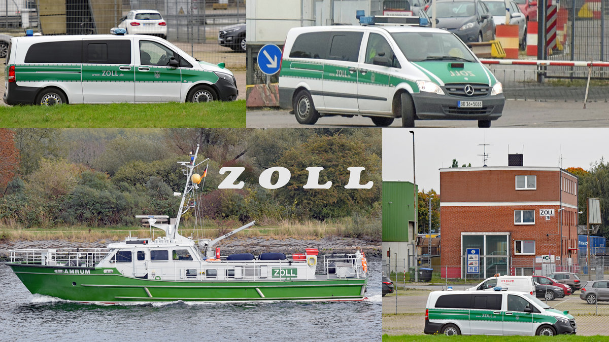 Noch  lebt  das (alte)  Zollgrün  - Zollboot AMRUM am 20.10.2020 im Hafen von Lübeck. Am selben Tag wurden die anderen Einsatzfahrzeuge von Lübecker (Zoll-) Kontrollheiten im Hafengebiet der Hansestadt abgelichtet. Ob auch diese Fahrzeuge das  neue  Blau erhalten werden? Als Freund der  alt-bewährten  grünen Farbgebung hoffe ich es nicht. 