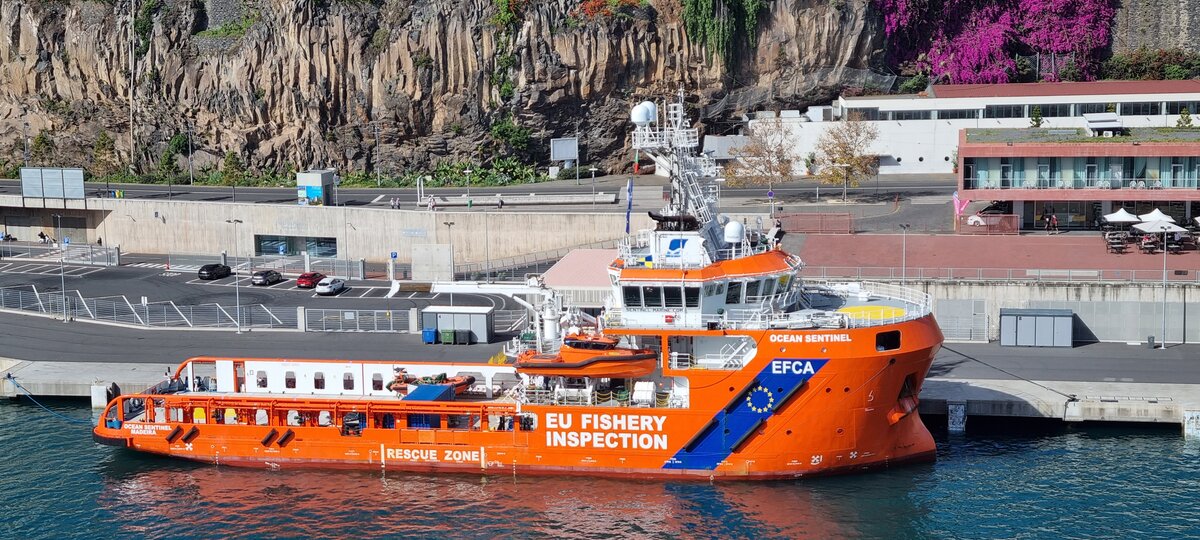 OCEAN SENTINEL (IMO 9761425, MMSI 255732000) ist Offshore Tug/Supply Ship. Es fährt unter der Flagge von Madeira. Es wurde gebaut in 2018.Hier am 24.01.2024 in Funchal/Madeira

