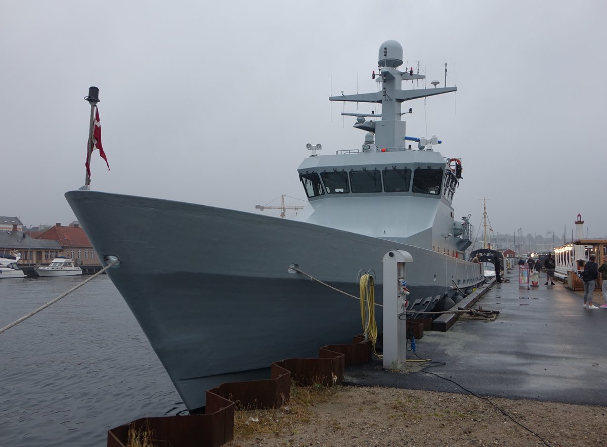 P523 Najaden, Patrouillenschiff der Diana-Klasse, gebaut auf der Faaborg Werft, Verdrängung 246 Tonnen, Länge 43 Meter, Breite 8,20 Meter, 2 × MTU 396 16V TB94 Dieselmotoren, im Hafen von Svendborg (22.07.2019)