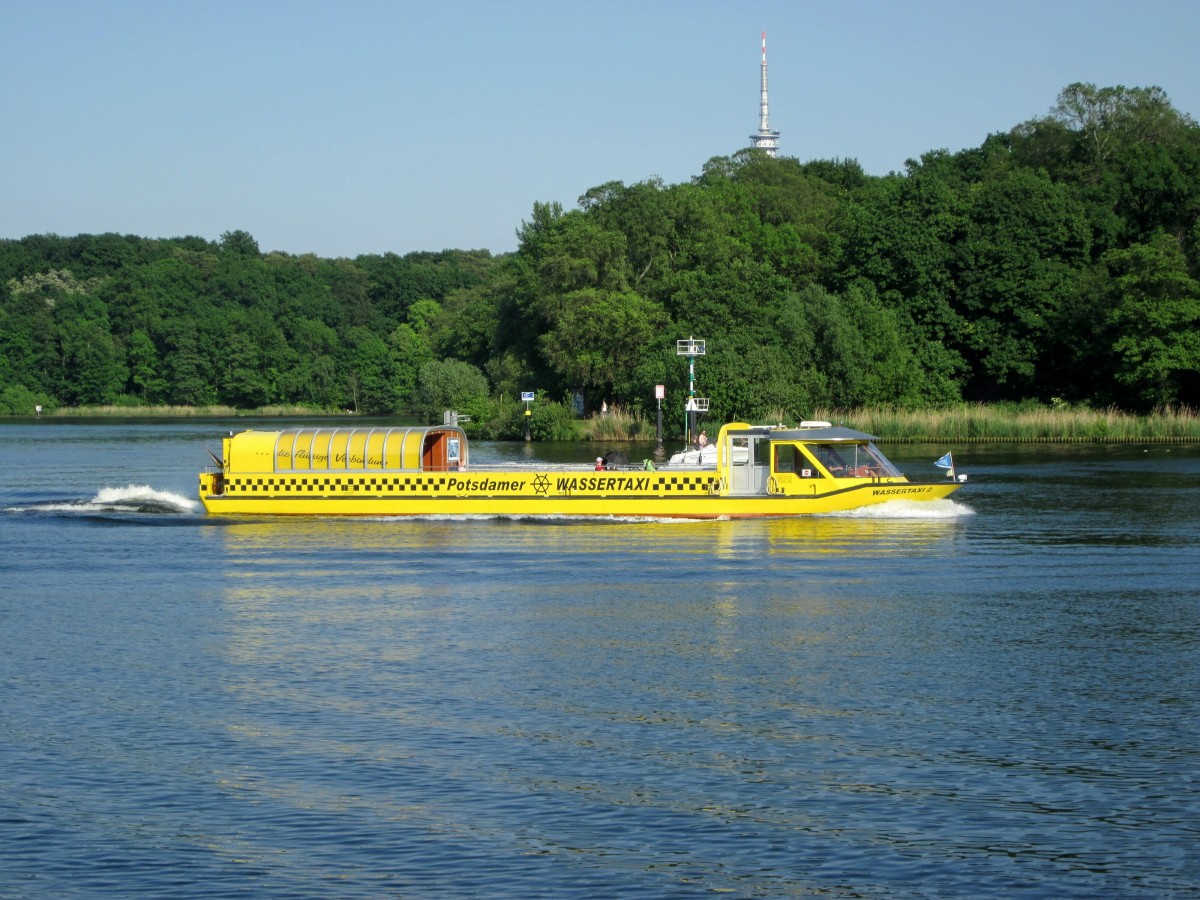 Potsdamer Wassertaxi 2 am 22.05.2014 auf der Havel zu Tal zw. Sacrower Heilandskirche und Krughorn auf  Berliner Seite .