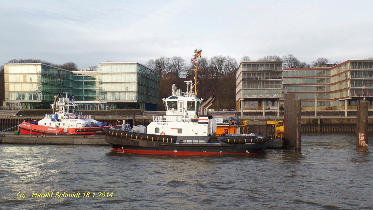 PROMT (IMO 9647409) 001 am 18.1.2014, Hamburg, Elbe, Schlepperponton Neumühlen / 
ASD Schlepper / GT 250 / Lüa 24,47 m, B 11,33 m, Tg 5,54 m / 2 Diesel, ges.4.200 kW, 5710 PS, 13 kn, Pfahlzug 71 t / 2013 bei Song Thu Shipyard, Da Nang , Vietnam / Lütgens & Reimers, Hamburg / Flagge: Deutschland, Heimathafen: Hamburg /
