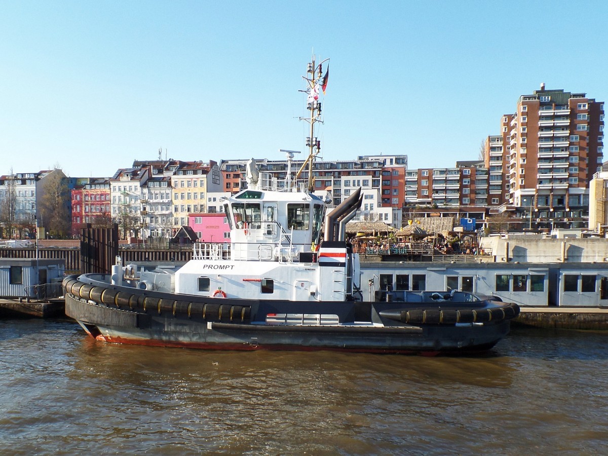 PROMT (IMO 9647409) 001 am 6.4.2015, Hamburg, Elbe, Schlepperponton St. Pauli / 
Seeschiffsassistenz-Schlepper / Damen ASD 2411 / GT 250 / Lüa 24,47 m, B 11,33 m, Tg 5,54 m / 2 Dieselges.4.200 kW, 5710 PS, 13 kn, Pfahlzug 71 t / 2013 bei Song Thu Shipyard, Da Nang , Vietnam / Lütgens & Reimers, Hamburg / Flagge: Deutschland, Heimathafen: Hamburg /
