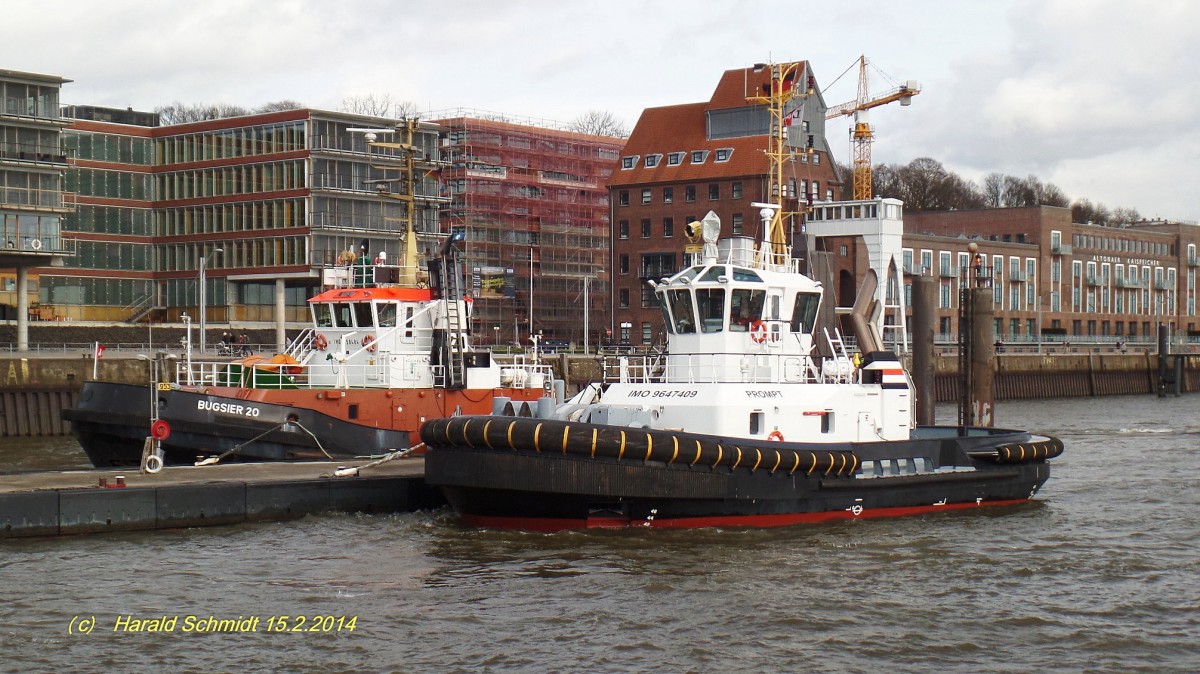 PROMT (IMO 9647409) 002 am 15.2.2014, Hamburg, Elbe, Schlepperponton Neumühlen /
ASD Schlepper / GT 250 / Lüa 24,47 m, B 11,33 m, Tg 5,54 m / 2 Diesel, ges.4.200 kW, 5710 PS, 13 kn, Pfahlzug 71 t / 2013 bei Song Thu Shipyard, Da Nang , Vietnam / Lütgens & Reimers, Hamburg / Flagge: Deutschland, Heimathafen: Hamburg /
