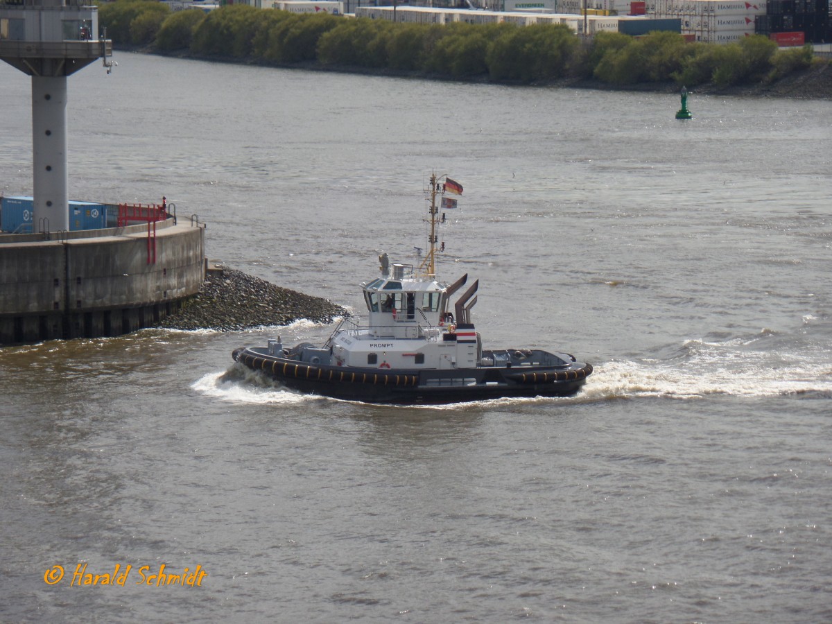 PROMT (IMO 9647409) am 26.8.2015, Hamburg, Elbe, Höhe Köhlbrandmündung / 
Seeschiffsassistenz-Schlepper / Damen ASD 2411 / GT 250 / Lüa 24,47 m, B 11,33 m, Tg 5,54 m / 2 Dieselges.4.200 kW, 5710 PS, 13 kn, Pfahlzug 71 t / 2013 bei Song Thu Shipyard, Da Nang , Vietnam / Lütgens & Reimers, Hamburg / Flagge: Deutschland, Heimathafen: Hamburg /
