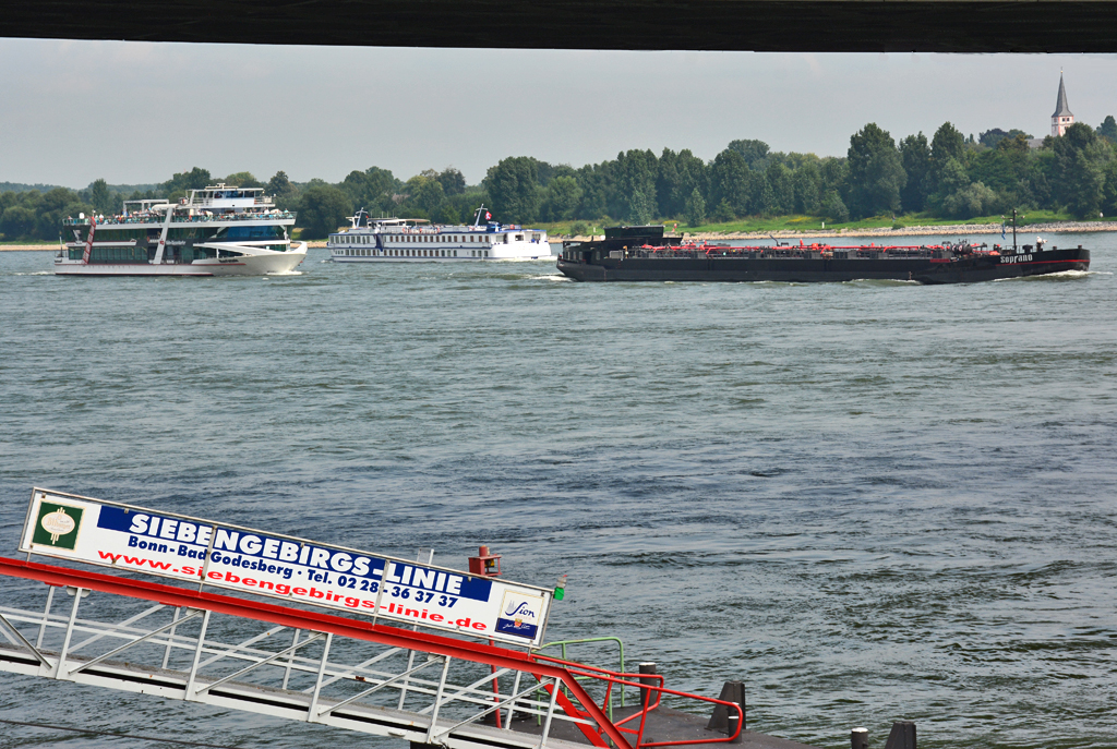 Reger Schiffsverkehr auf dem Rhein bei der Kennedybrücke in Bonn mit TMS  Soprano , KFGS  Olympia  (Basel) und FGS  Rhein Fantasie  der KD - 14.08.2016