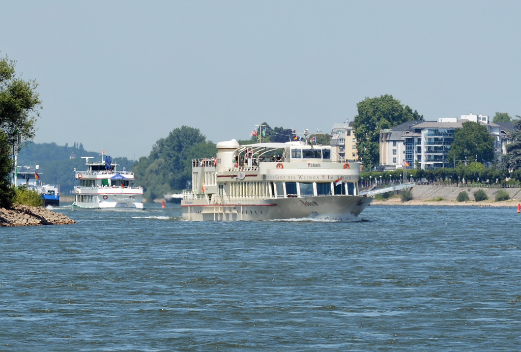 Reger Schiffsverkehr mit FGS und TMS auf dem Rhein querab Königswinter. Im Vordergrund die  Asbach  von der KD. 01.07.2014