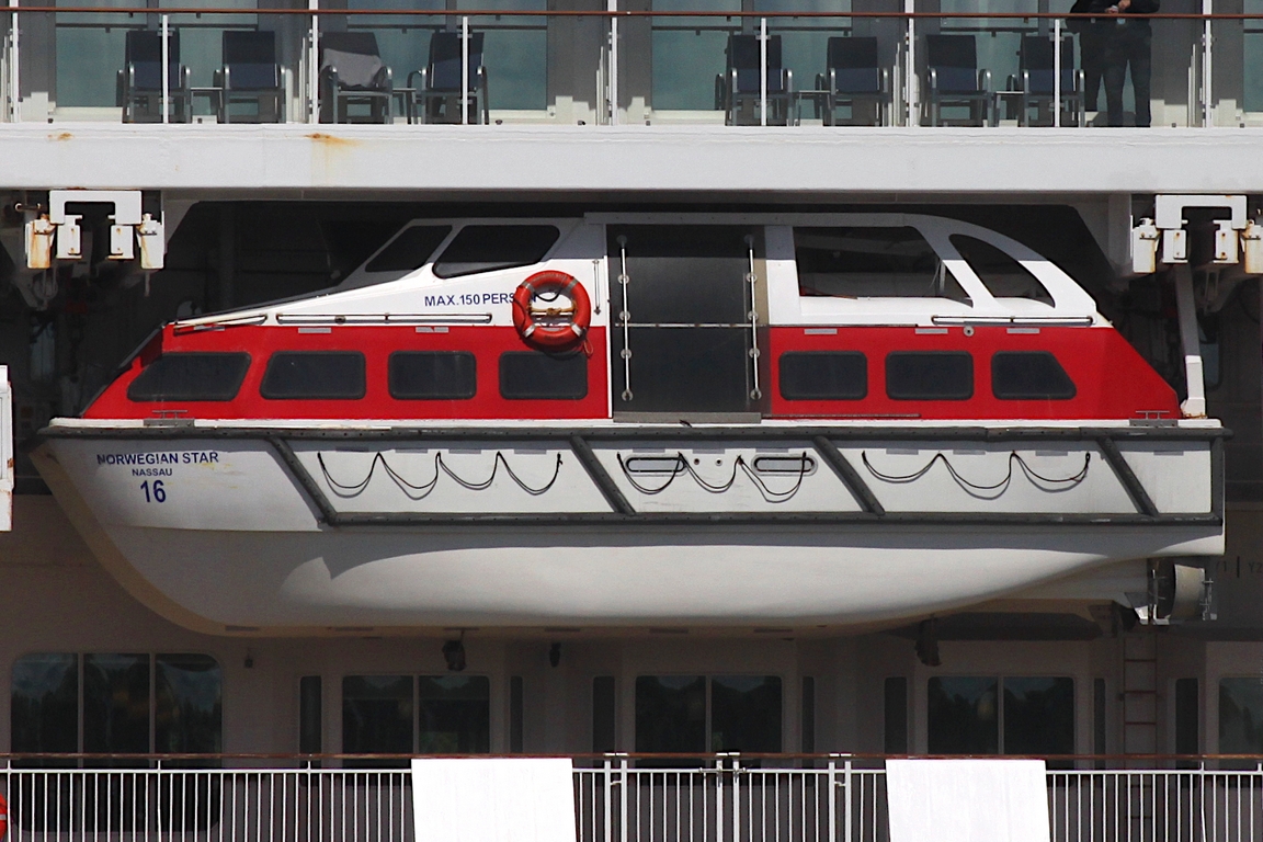 Rettungsboot 16 der NORWEGIAN STAR Eigner/Betreiber: NCL; Datum: 07.05.2026; Aufnahmeort: Elbe/Hafen Hamburg, Deutschland.