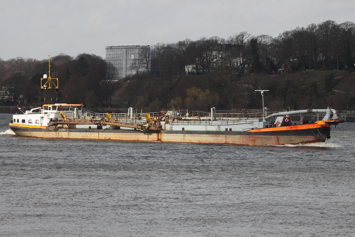Saugbagger GRAAF (ENI 02314433); Datum: 12.03.2026; Aufnahmeort: Elbe/Hafen Hamburg, Deutschland.