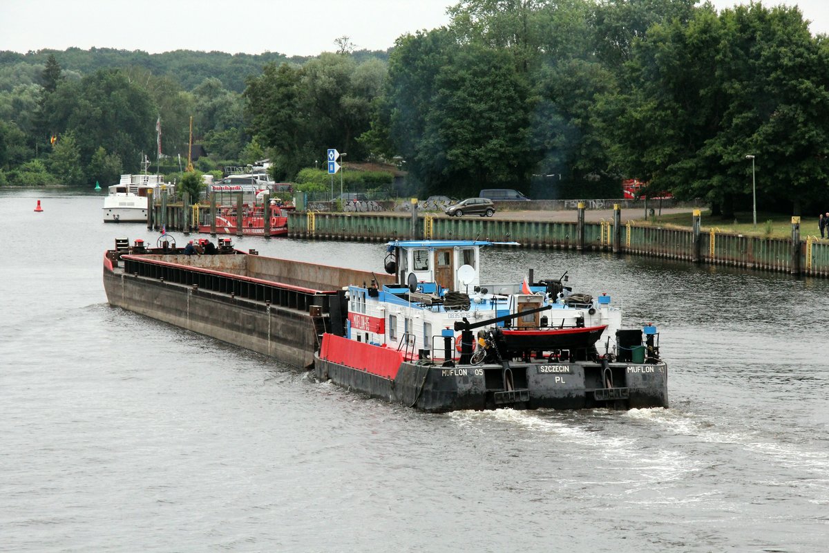 SB Muflon-05 (08351036 , 23 x 8,9m) am 26.06.2018 mit seinem Leichter am Tankschiffliegehafen in Berlin-Spandau auf Havel-Talfahrt.