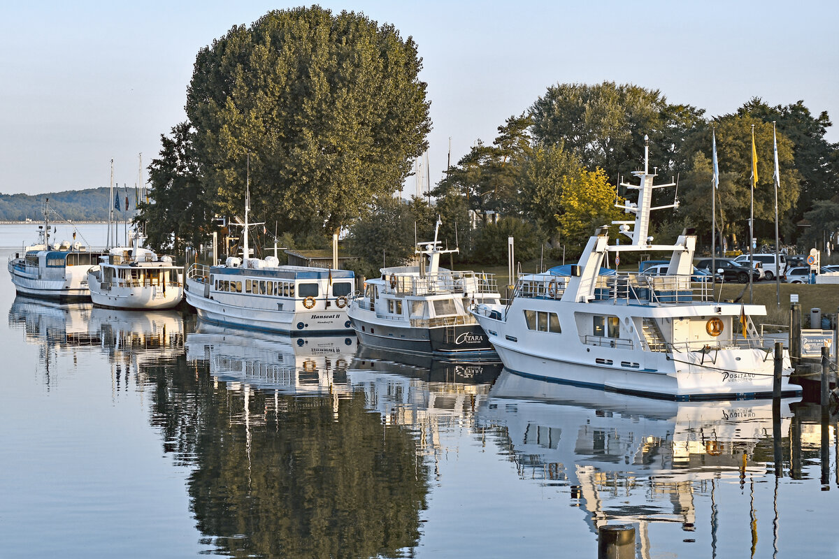 Schiffe im Hafen von Niendorf / Ostsee am 21.08.2022. Von rechts nach links: POSITANO, CETARA, HANSEAT II, MARIE CLAIRE und HOLSTENTOR I 