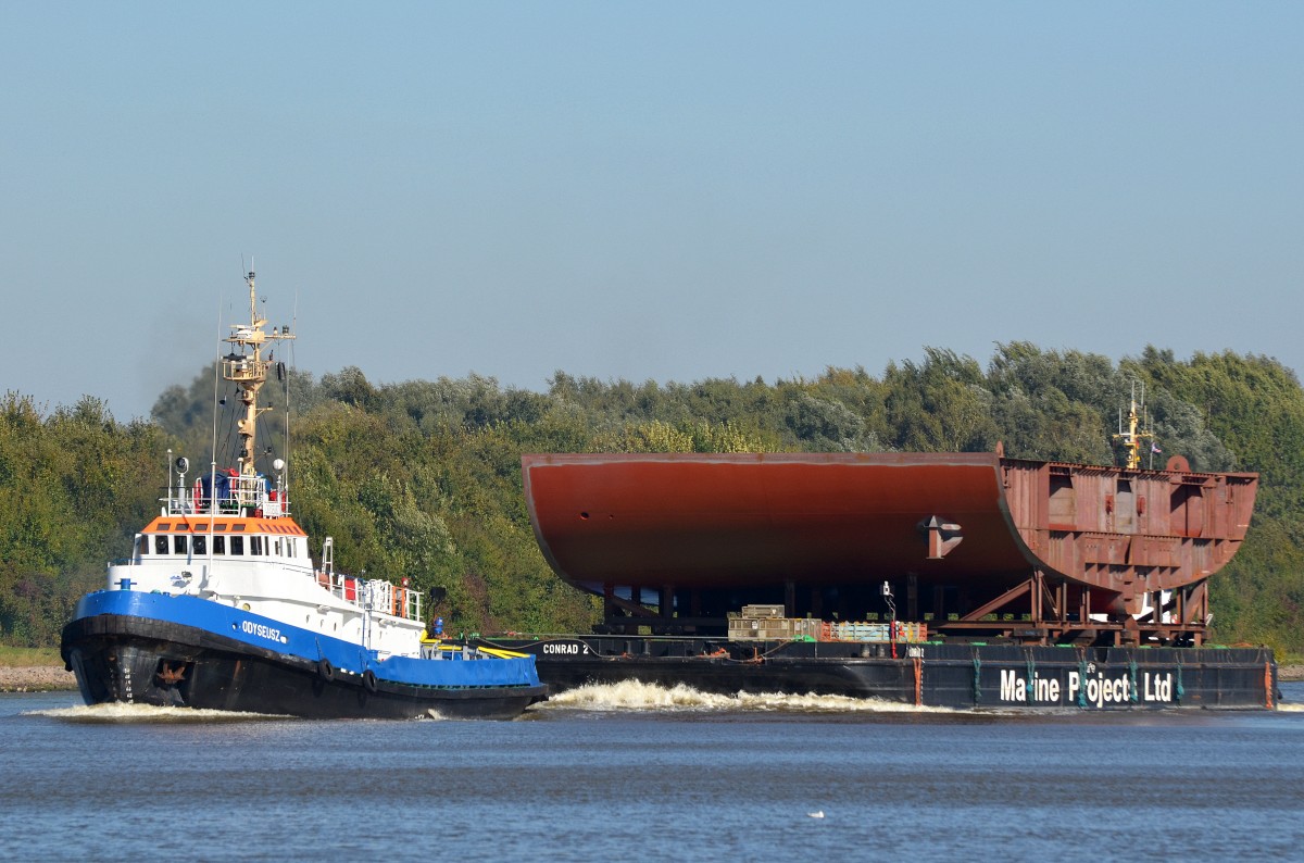 Schlepper Odyseusz IMO-Nummer:8102579 Flagge:Polen Lnge:35.0m Breite:9.0m Baujahr:1980 Bauwerft:Naval Shipyard,Gdynia Polen bei der Arbeit im Nord-Ostsee-Kanal bei Fischerhtte am 03.10.13