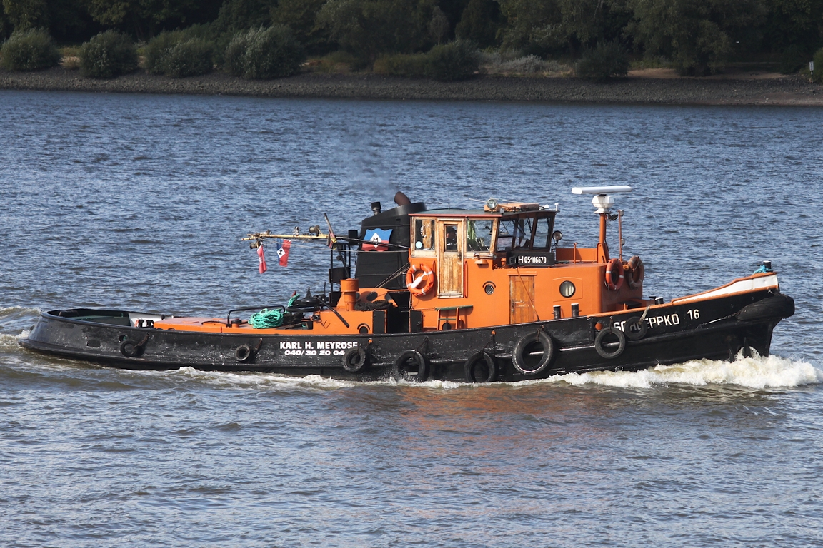 Schlepper SCHLEPPKO 16 (ENI 05106670); Eigner/Betreiber: Meyrose; Datum: 18.09.2026; Aufnahmeort: Elbe/Hafen Hamburg, Deutschland.