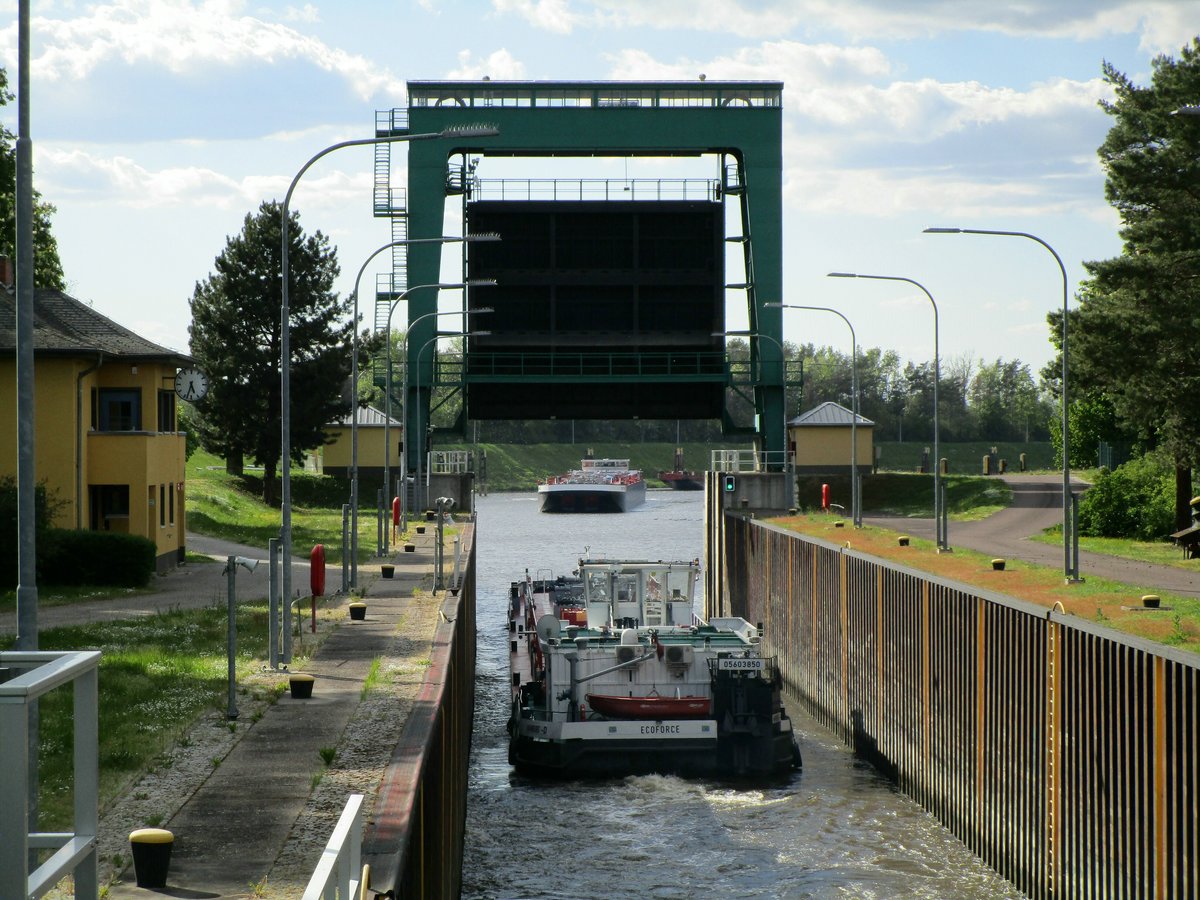 Schleuse Niegripp am 13.05.2019. Der Tank-Schubverband Ecoforne & Ecoelbe (05603850 & 05112110) verließ diese Richtung Elbe und das TMS Dettmer Tank 140 (04810300) wartete auf die Einfahrt.