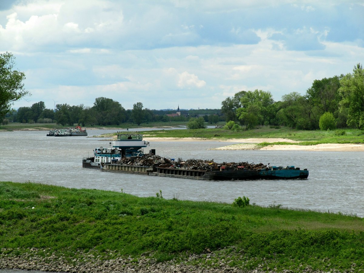 Schubboot Edda (05609510 , 25,66 x 8,19m) am 14.05.2019 auf der Elbe bei Niegripp zu Tal. Schob 4 nebeneinander/hintereinander gekoppelte Leichter.