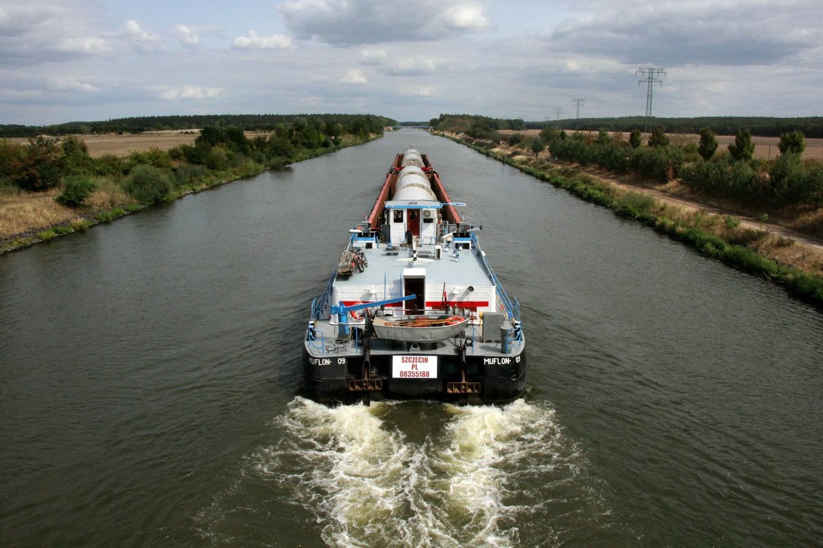 Schubboot Muflon 09 (08355188 , 23,12 x 8,90m) am 28.08.2018 mit zwei je 65m langen Leichtern im Elbe-Havelkanal bei Niegripp mit Fahrtrichtung Schleuse Zerben in Fahrt.