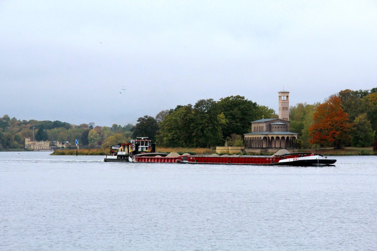 Schubboot Navigar-3 (08351136 , 24,99 x 5,35m) schob am 26.10.2018 zwei beladene Leichter auf der Havel Höhe Sacrower Kirche / Krughorn zu Berg.