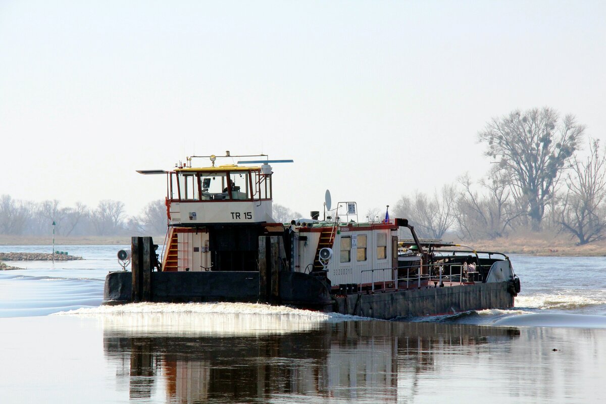 Schubboot  TR15  (32200210 , 27,26 x 8,76m)  am 23.03.2022 auf  ELBE-Bergfahrt vor Kleinwittenberg.