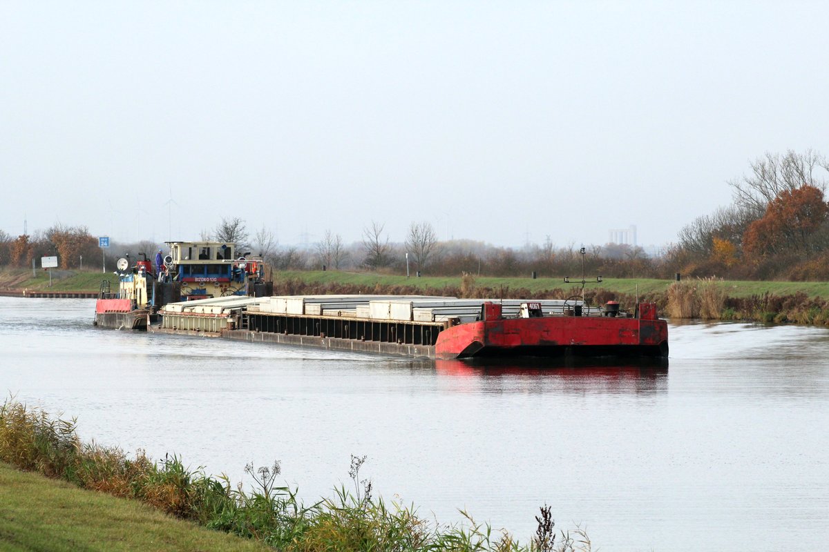 Schubverband mit SB Bizon-0-130 (08355133 , 21,15 x 8,24m) und 2 Leichtern am 24.11.2016 auf dem Mittellandkanal Höhe Barleber See I mit Fahrtrichtung Osten unterwegs.  