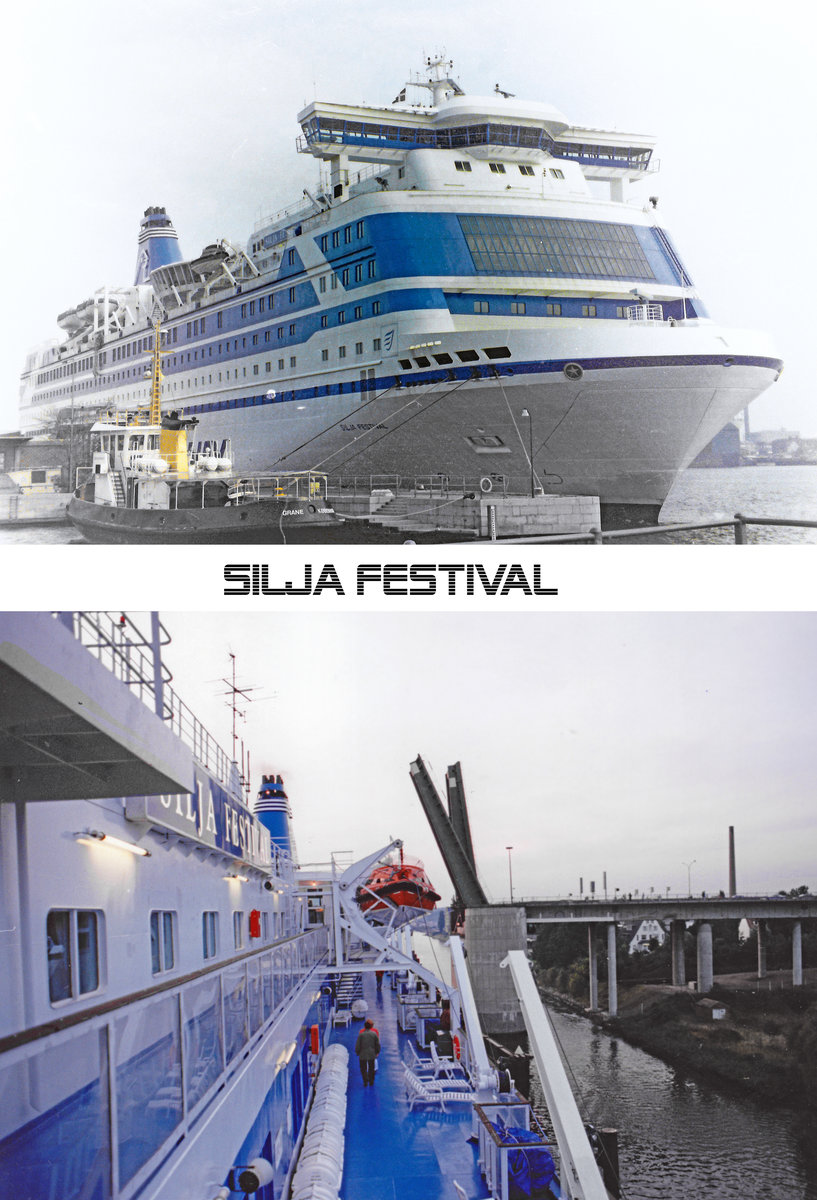 SILJA FESTIVAL im September 1993. Das obere Foto zeigt das zu jener Zeit zur Silja Line Euroway gehörende Schiff im Hafen von Kopenhagen/Dänemark. Das untere Bild wurde aufgenommen, als die SILJA FESTIVAL die Lübecker  Herrenbrücke  passiert hatte. Sowohl  Euroway  als auch die  Herrenbrücke  sind längst Geschichte; es gibt sie nicht mehr.
Ein damals aufgenommenes Video ist hier zu sehen:
http://www.schiffvideos.eu/video/seeschiffe~kreuzfahrt-passagierschiffe~s/591/mit-der-silja-festival-silja-line.html
  