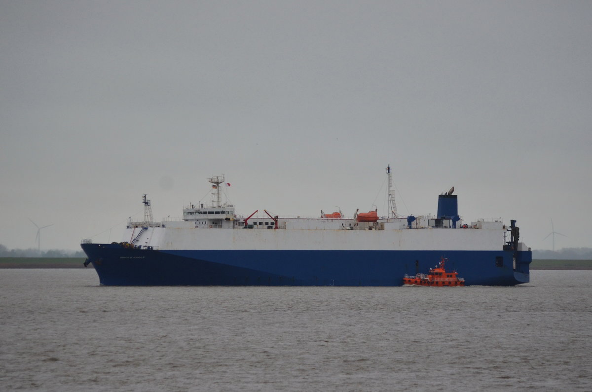 SINGLE EAGLE, Autotransporter,  mit Lotsenbot zur Seite. IMO: 8708830 Baujahr:1988, Länge:138 m, Breite 21 m, Bauwerft: Shin Kurushima Dockyard,Tokio Japan am 27.06.16. Bei Brunsbüttel am 22.10.17 Richtung Hamburg.